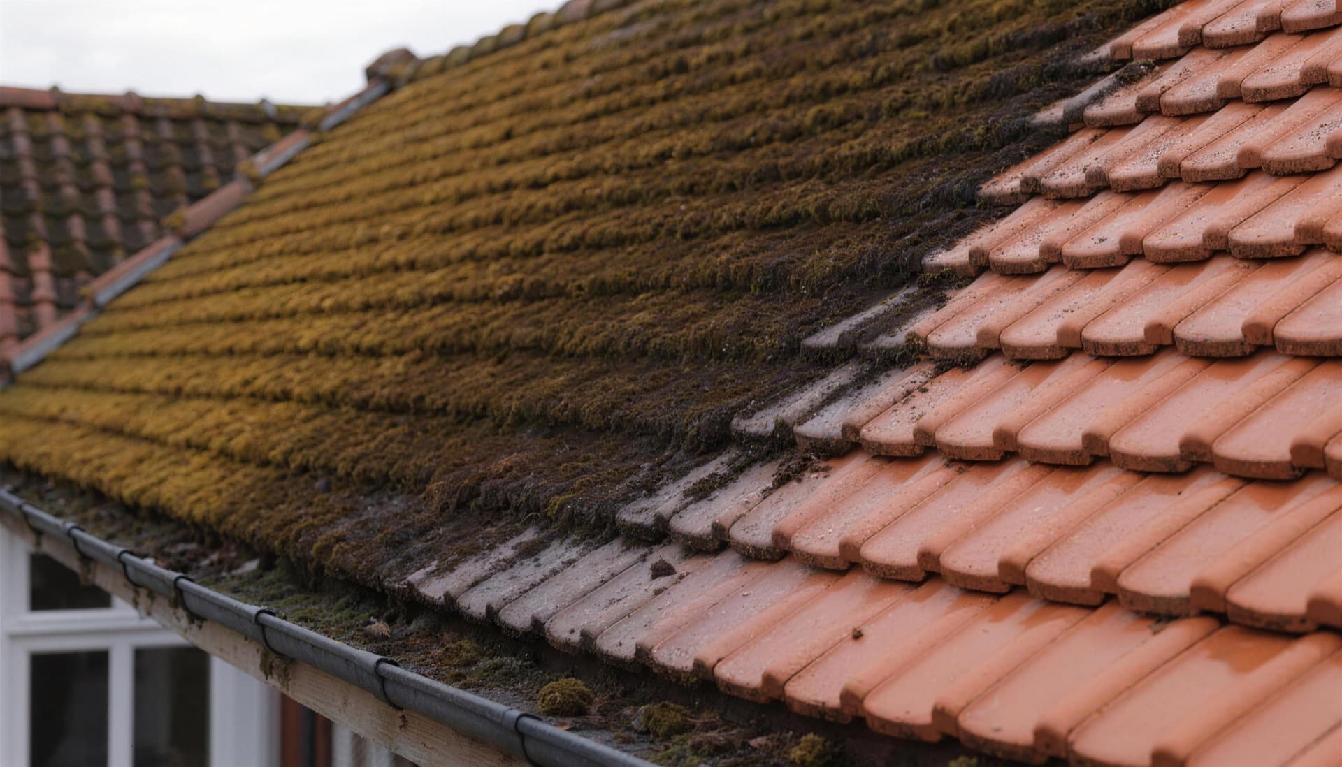 Pannendak half gereinigd: dikke mosaanslag naast een schoongespoten baan