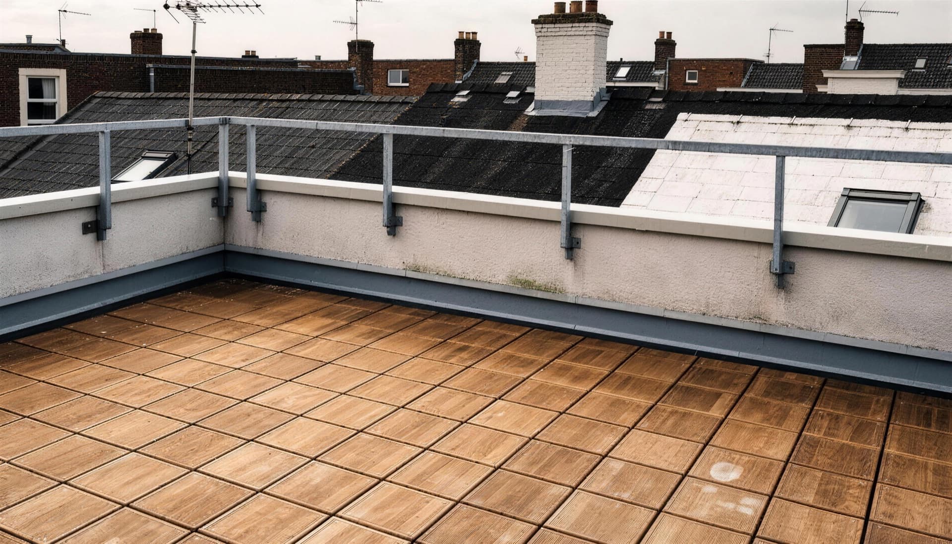 Dakterras met houten vlondertegels en een stalen hekwerk op een plat dak