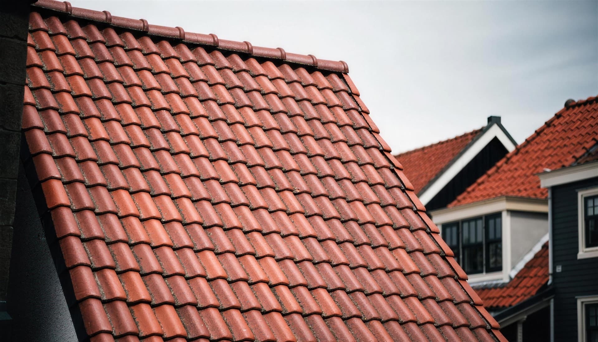 Rood pannendak van een Zaans huis, met nokvorsten langs de nok