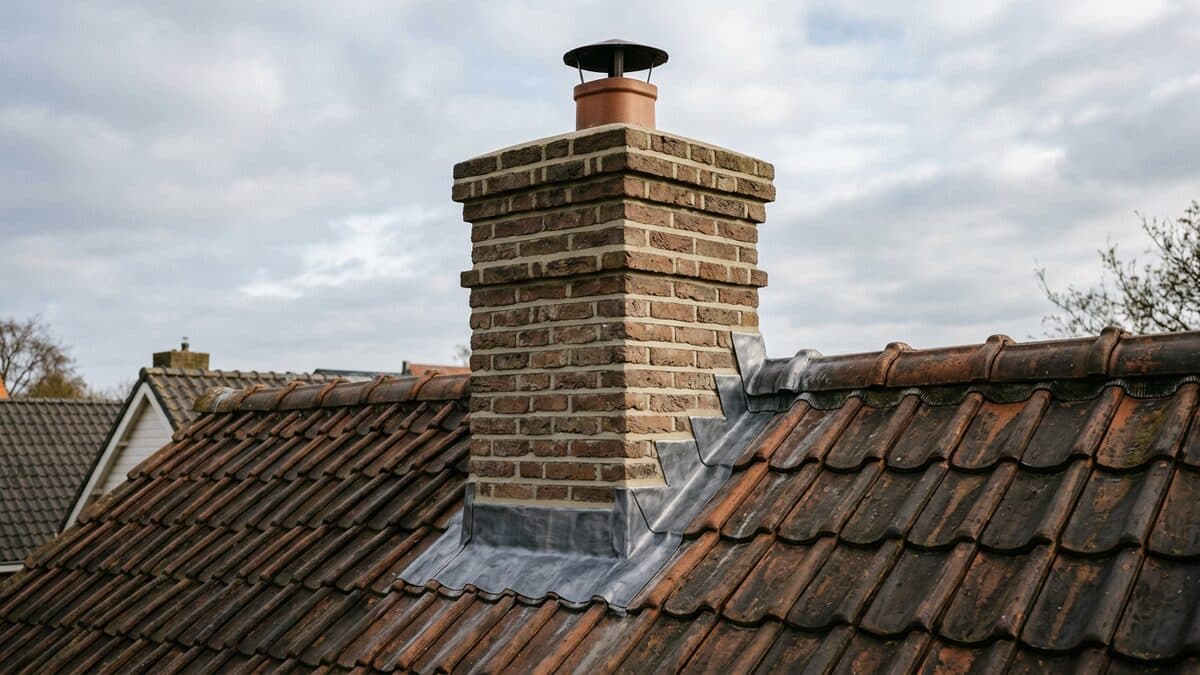 Gemetselde schoorsteen op een pannendak met nieuw loodwerk rondom