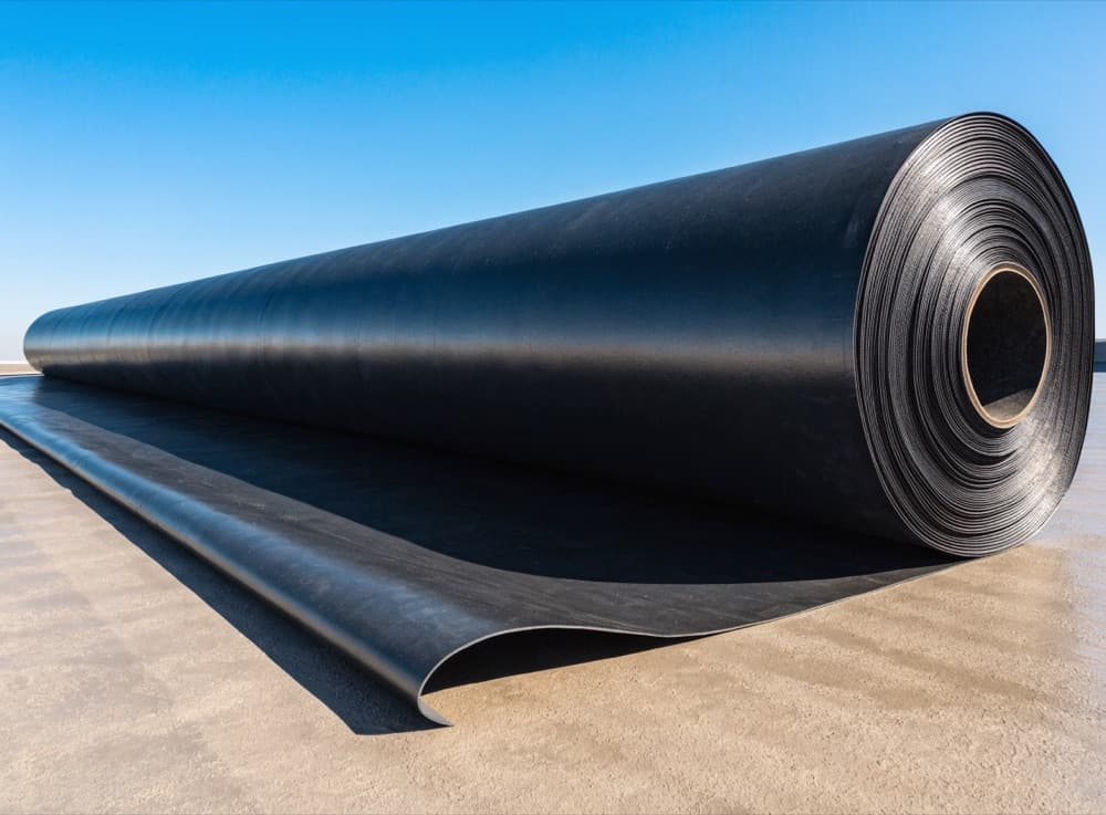 Deels uitgerolde zwarte EPDM-rubber baan op een plat dakvlak