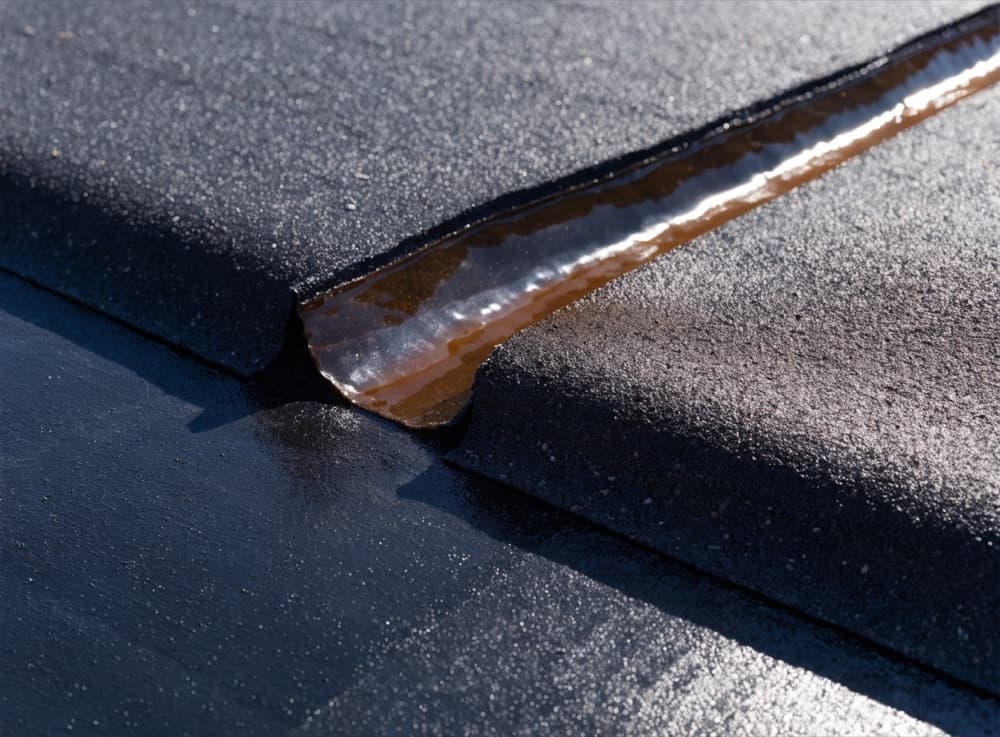 Gebrande naad tussen twee lagen bitumen op een plat dak
