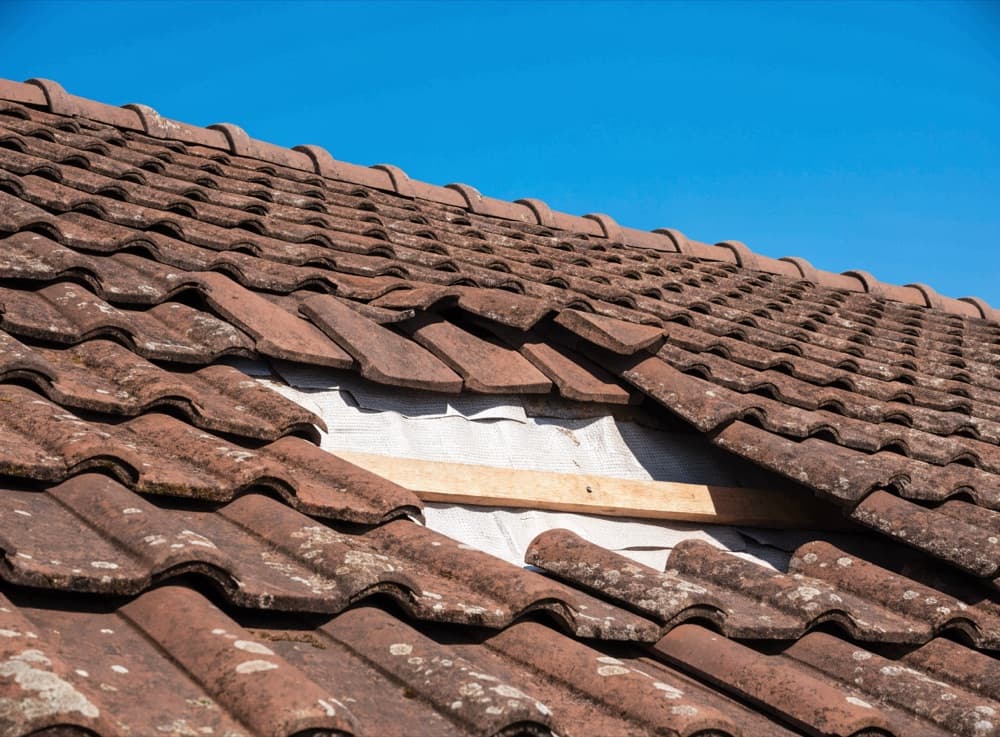 Enkele gebroken dakpannen opgelicht, met de panlat en folie eronder zichtbaar