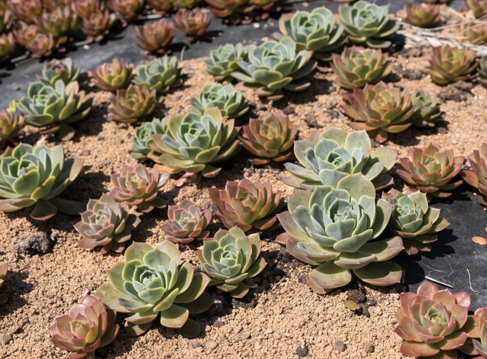 Close-up van sedumplanten in een dunne substraatlaag