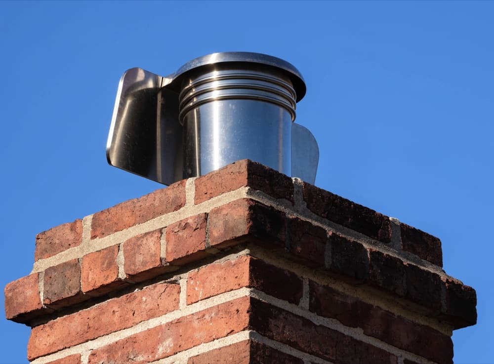 Metalen regenkap op een gemetselde schoorsteen tegen een blauwe lucht